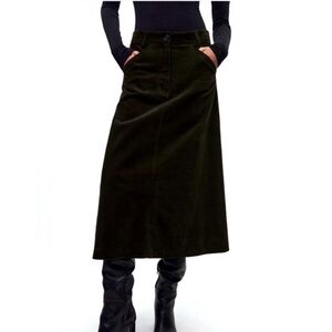 Zara studio corduroy midi skirt A-line olive green BNWT SKIRT ONLY
